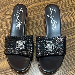 Brighton Women's Black and brown Woven leather Sandals with Silver Accent sz 9